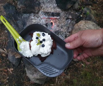 Woldo: Kladdkaka, grädde, blåbär och granskott